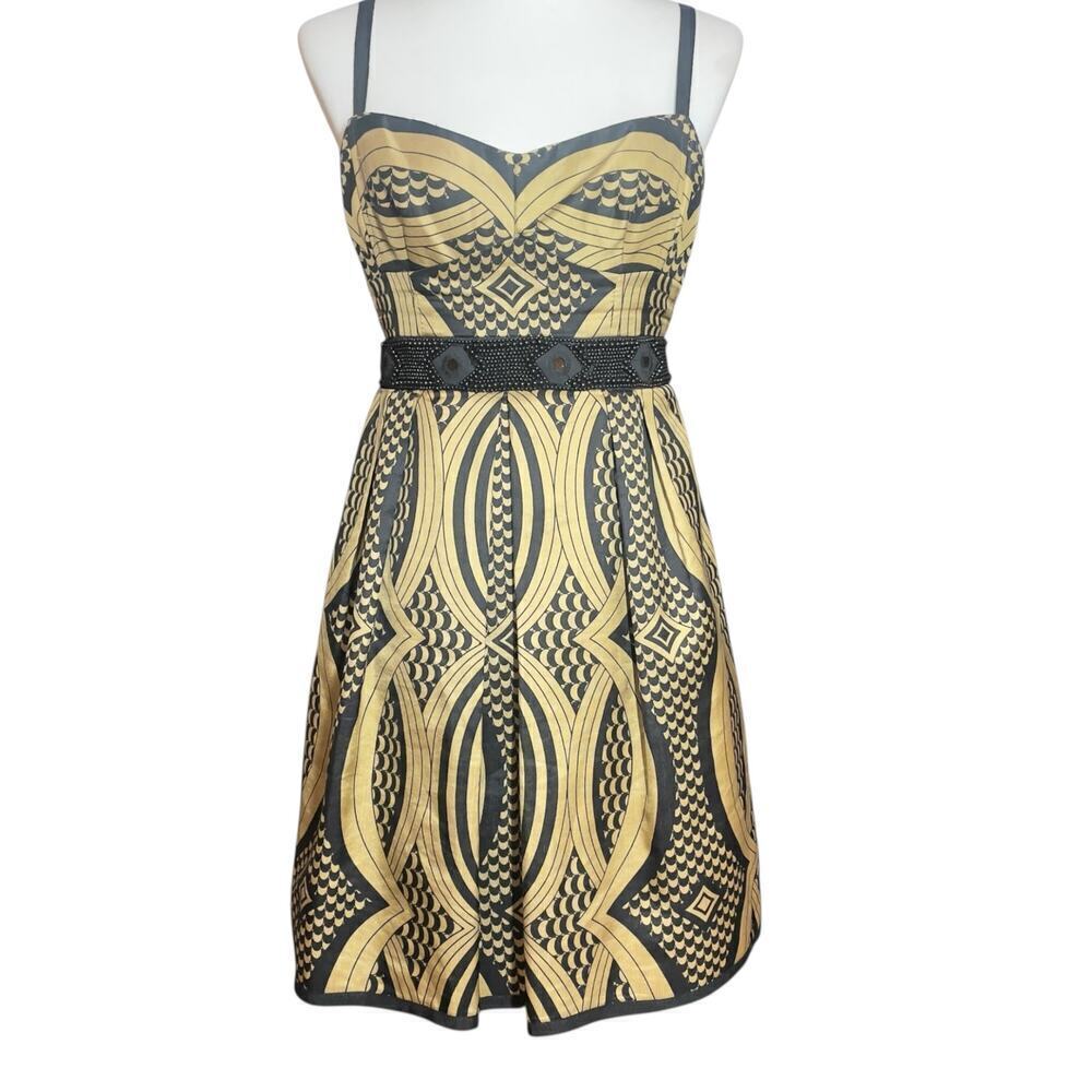 Nanette Lepore Black & Gold Beaded Linen Silk Indochine Dress Size 2